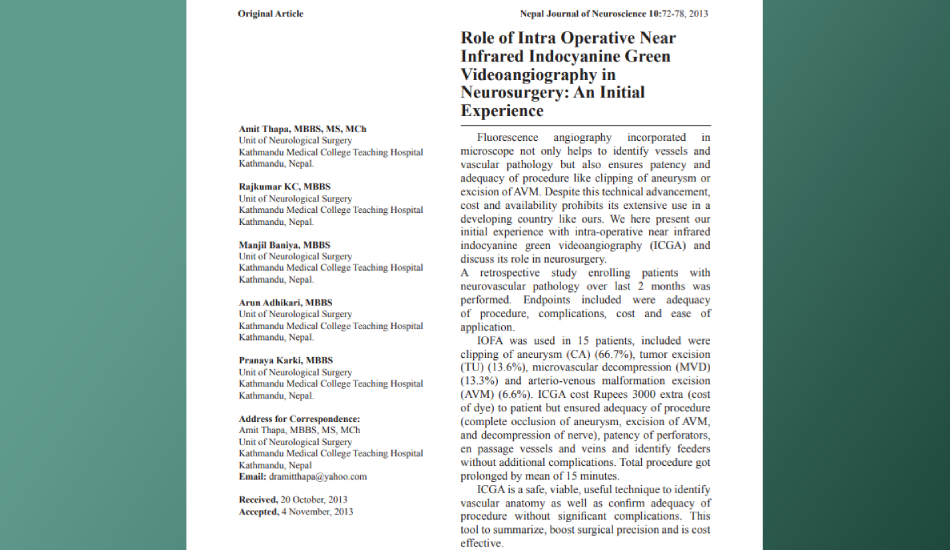 Role of intra operative near infrared indocyanine green videoangiography in neurosurgery: an initial experience